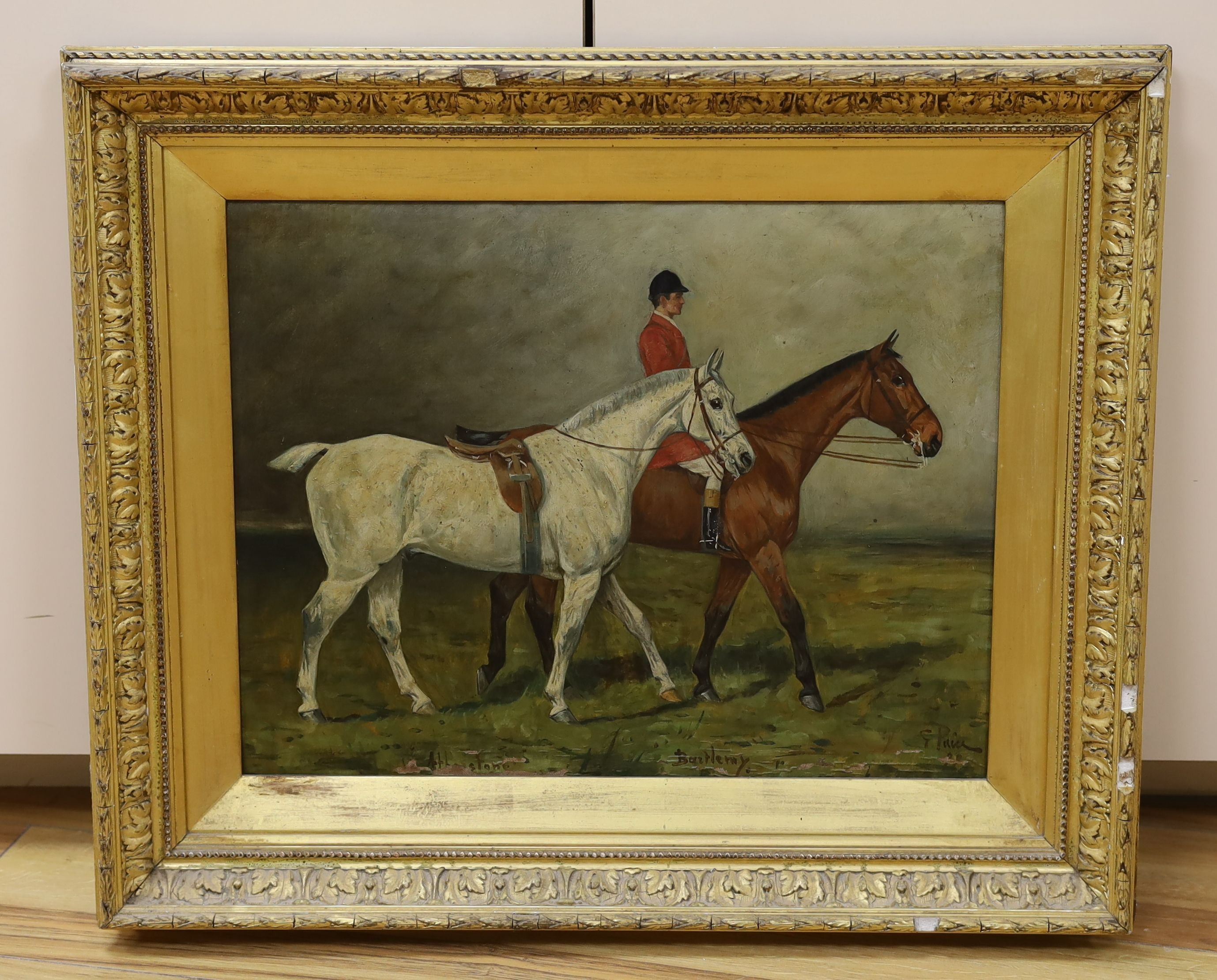 George Paice (1854-1925), oil on canvas, Huntsman leading named horses, Athelstone and Bartlemy, signed, 34 x 44cm